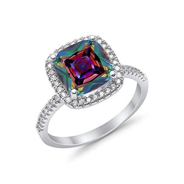 Halo Cushion Engagement Ring Simulated Rainbow CZ  925 Sterling Silver